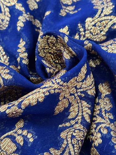 Handwoven Chiffon Saree | Royal Blue & Magenta | Gold Zari | Ships from California